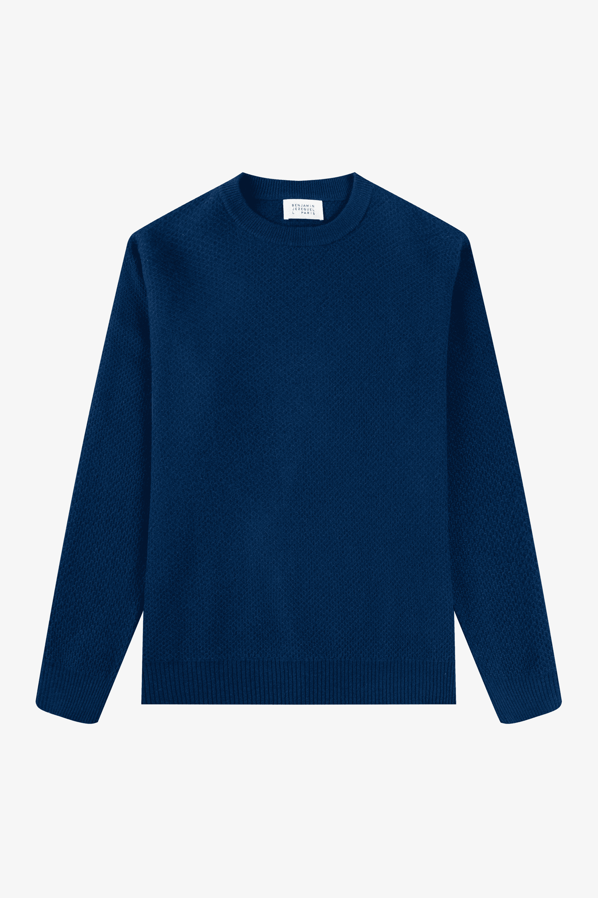a blue sweater with a round neck and long sleeves